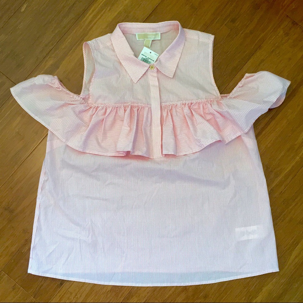 MICHAEL KORS coral cold shoulder stripe ruffle top - Picture 2 of 8